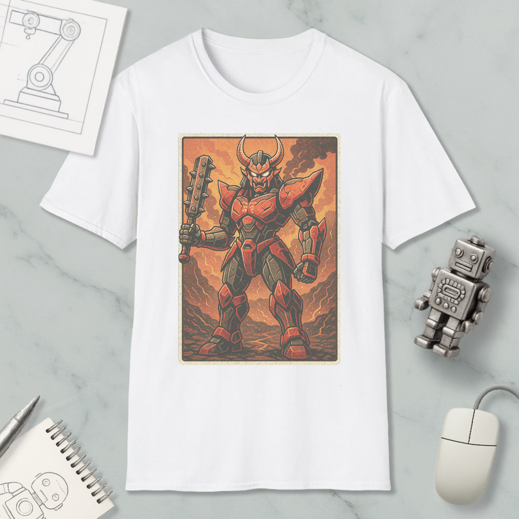 a white t-shirt with a graphic design depicting a red and black armored figure holding a weapon, surrounded by a fiery background.