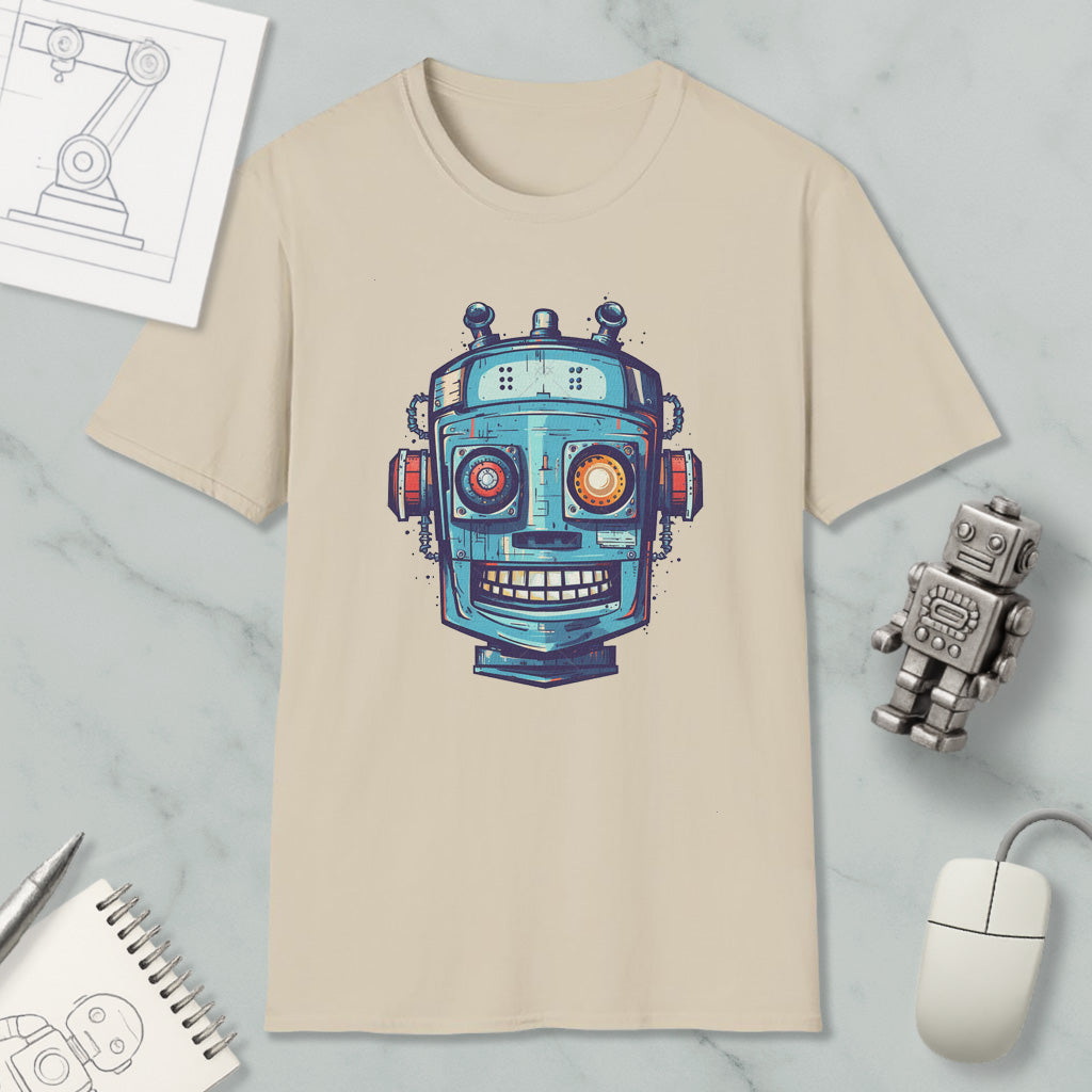 a beige t-shirt with a colorful robot graphic printed on it, along with various objects such as a computer mouse, a notebook, and a small robot figurine.