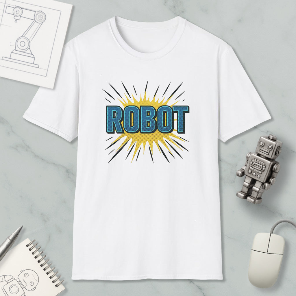 a white t-shirt with a graphic design of the word "ROBOT" in blue and yellow colors, along with a yellow explosion-like design. The t-shirt is placed on a marble surface, and there are various objects such as a computer mouse, a notebook, and a small robot figurine nearby.
