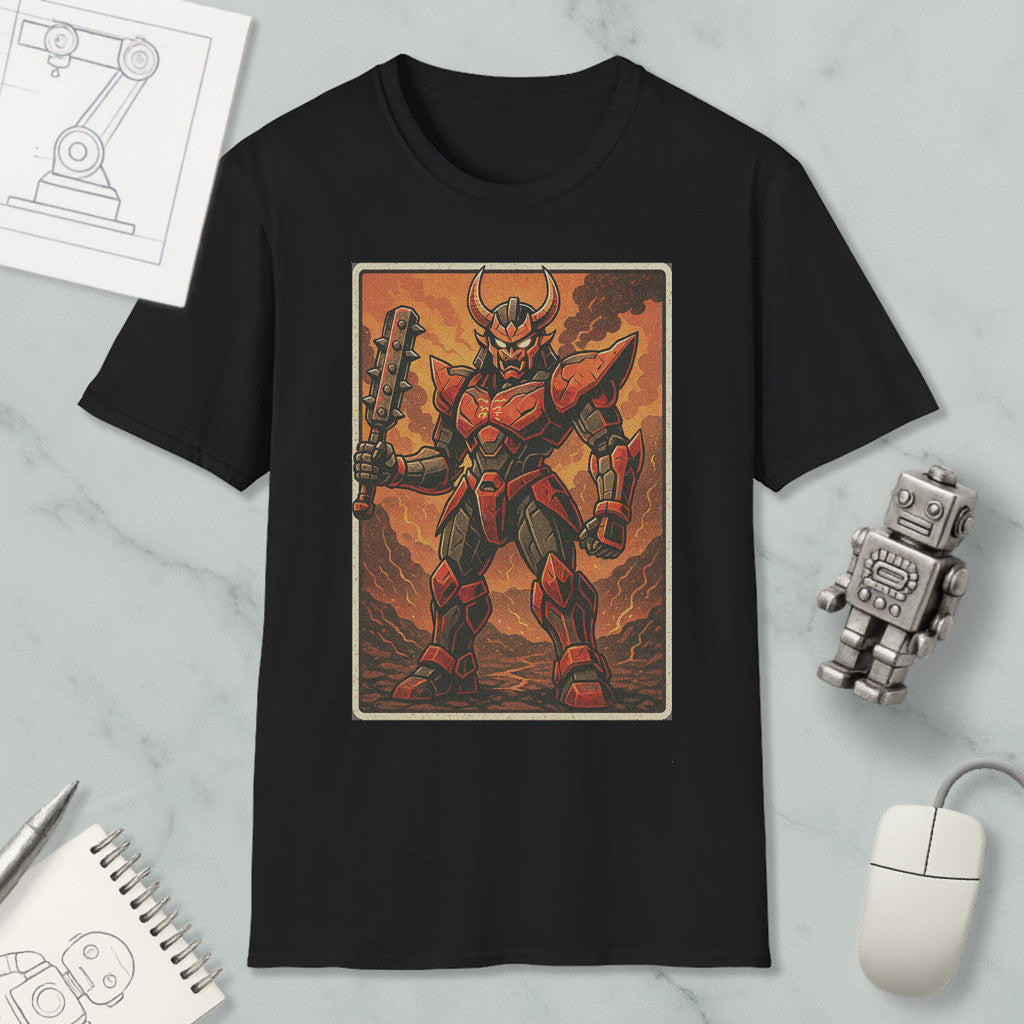 a black t-shirt with a graphic design depicting a red and black armored robot or character, holding a weapon and standing in a fiery, rocky environment.
