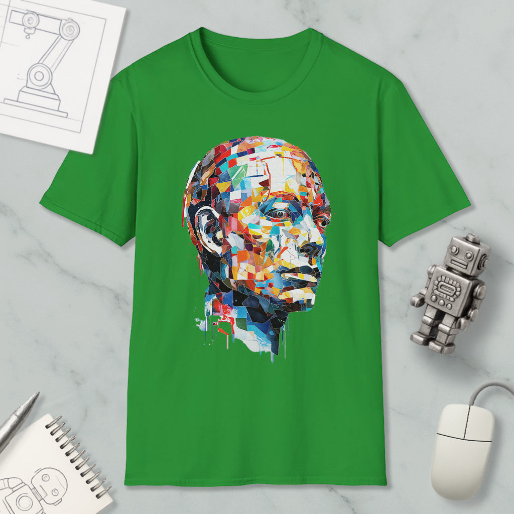 a green t-shirt with a colorful, abstract portrait of a man's face printed on it, along with various objects such as a computer mouse, a robot, and a notebook.