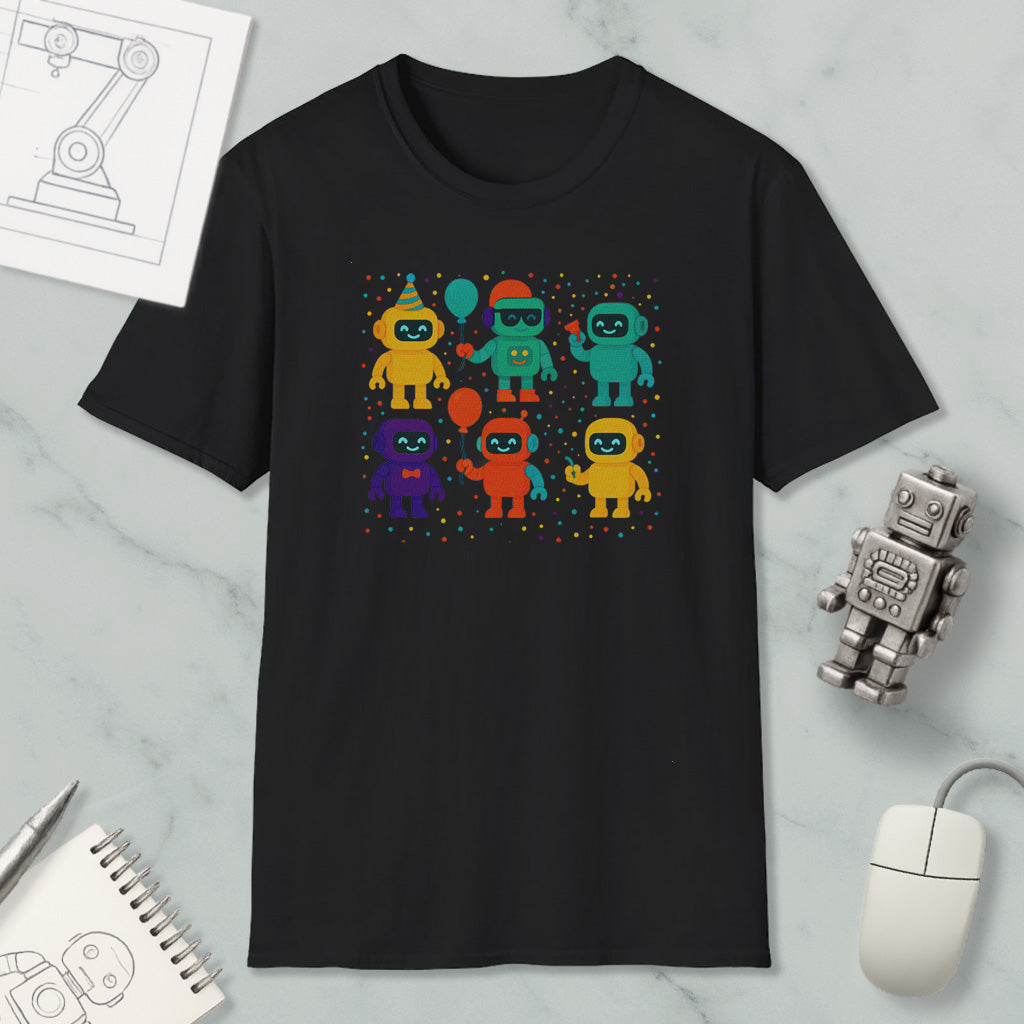 a black t-shirt with a colorful graphic design of six cartoon-like robots in various colors and poses, surrounded by small dots. The t-shirt is placed on a marble surface, and there are also a computer mouse, a notepad, and a small robot figurine nearby.