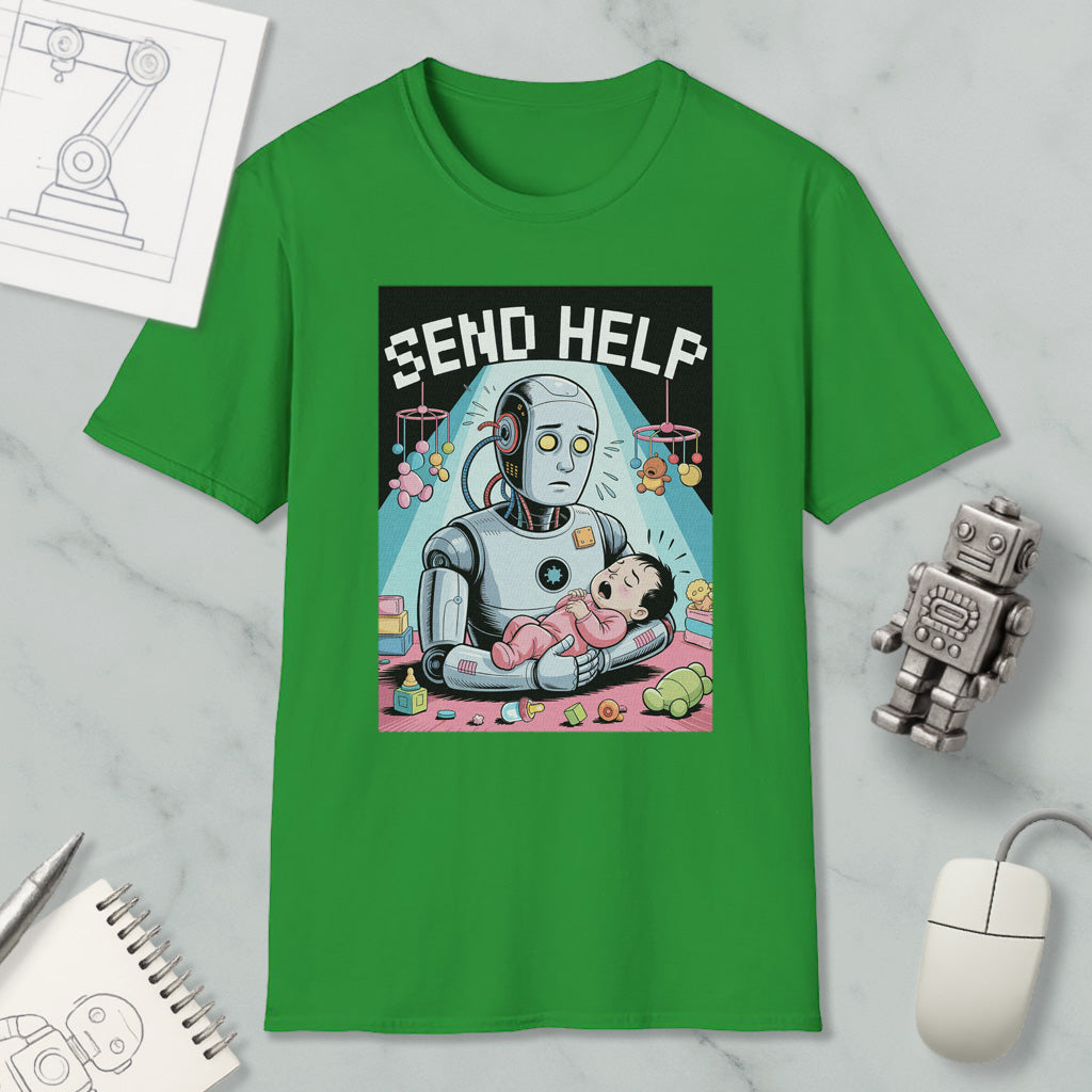 a green t-shirt with a cartoon illustration of a robot holding a baby, surrounded by various objects such as a computer mouse, a notebook, and a robot toy.