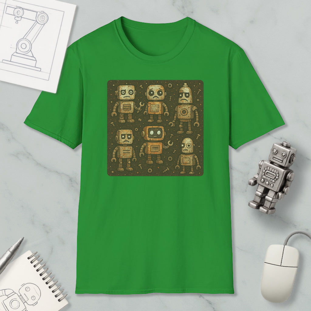 a green t-shirt with a graphic design of eight robot characters on it, along with a computer mouse and a notebook.