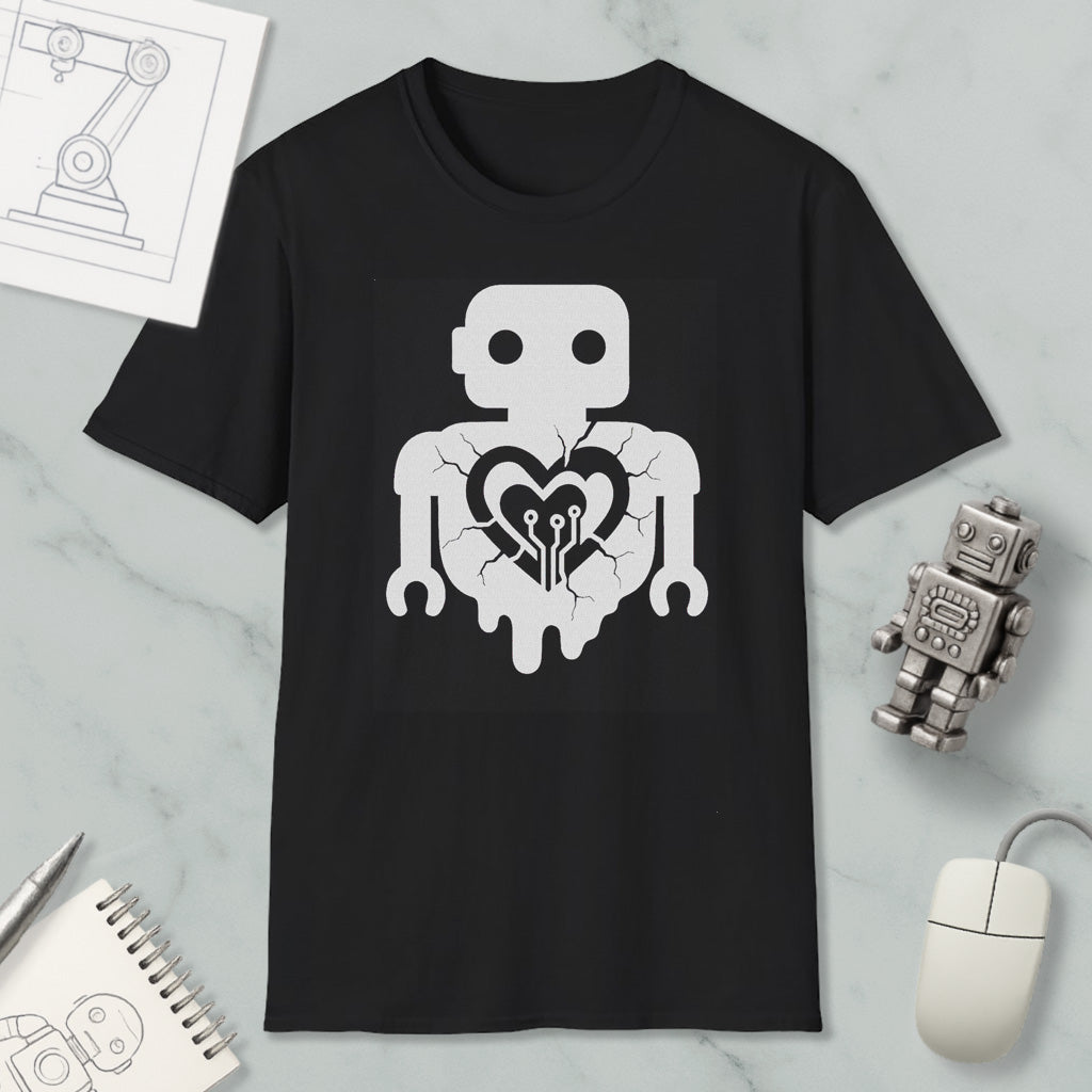 a black t-shirt with a white graphic design depicting a robot with a heart symbol inside its chest. The t-shirt is placed on a marble surface, along with a small robot figurine and a computer mouse.