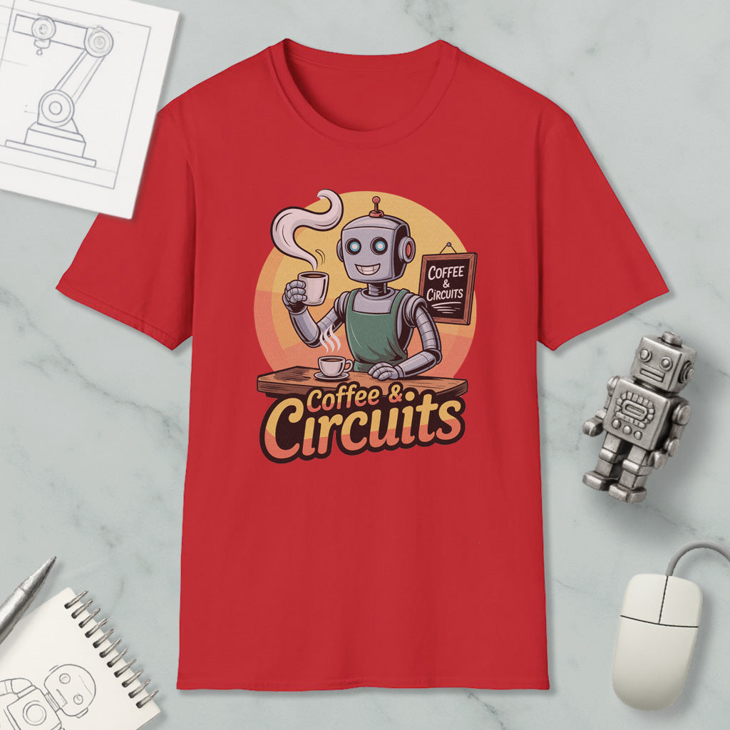 a red t-shirt with a cartoon robot holding a cup of coffee and a sign that says "Coffee & Circuits". The t-shirt is displayed on a marble surface, along with a computer mouse, a notebook, and a small robot figurine.