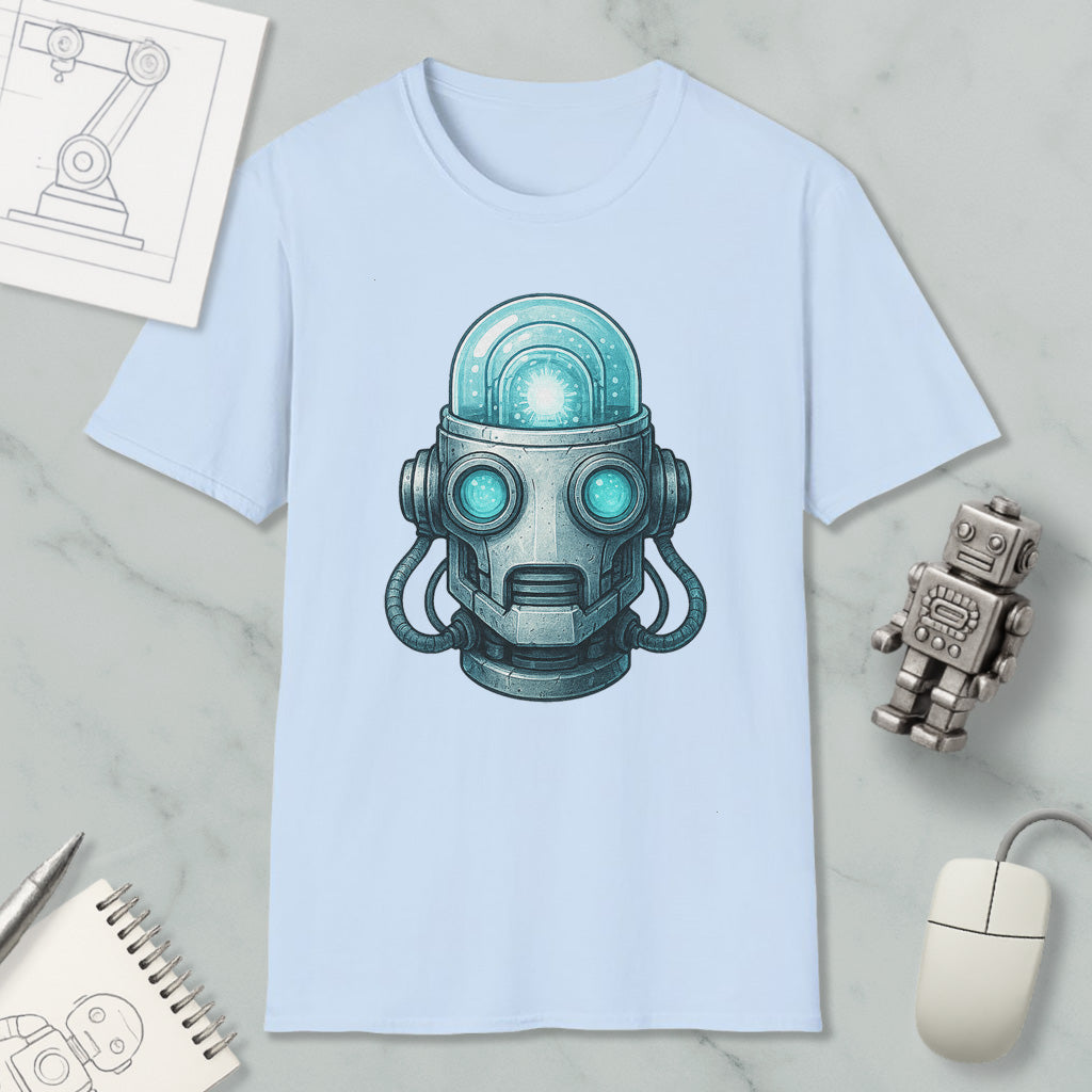 a light blue t-shirt with a graphic of a futuristic robot head, along with various objects such as a computer mouse, a notebook, and a pen.
