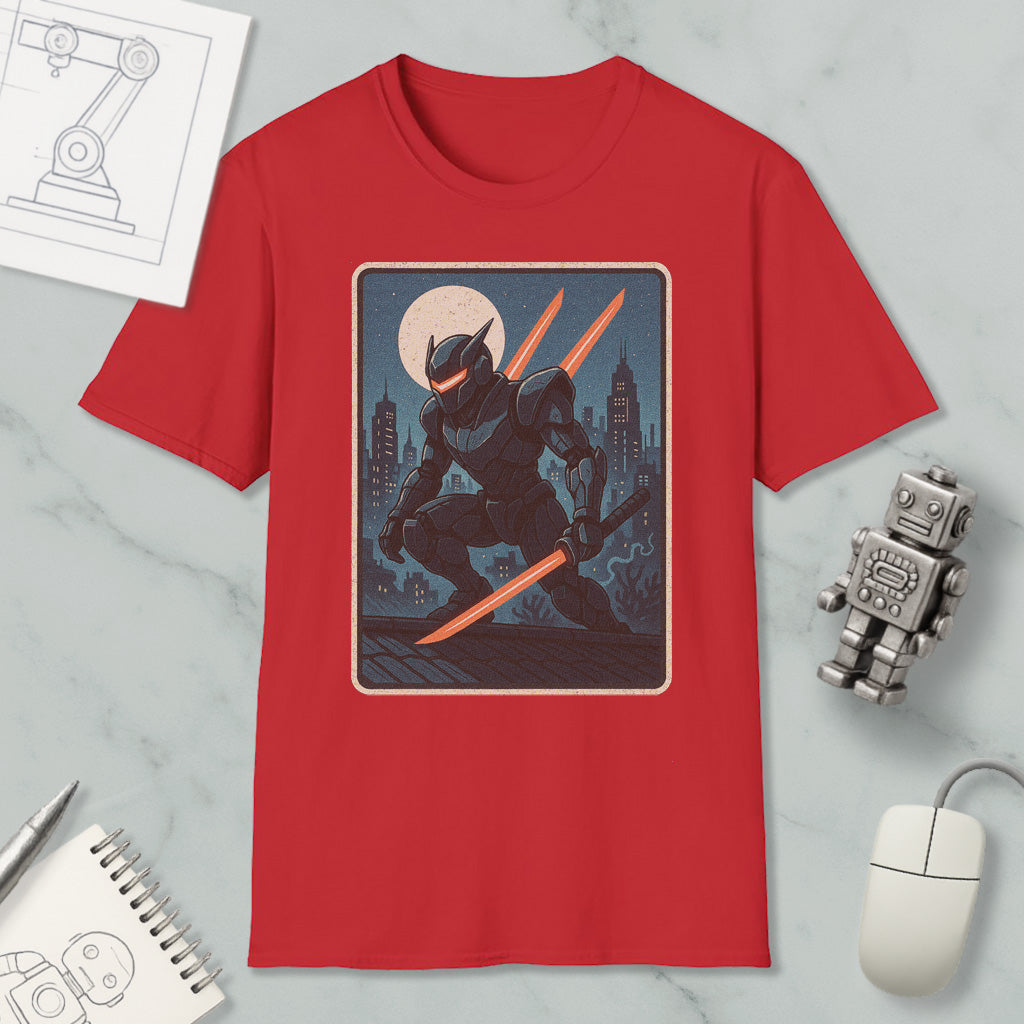 a red t-shirt with a graphic design depicting a robot or character holding a sword and standing on a rooftop at night. The t-shirt is displayed on a marble surface, along with a computer mouse, a notebook, and a robot figurine.