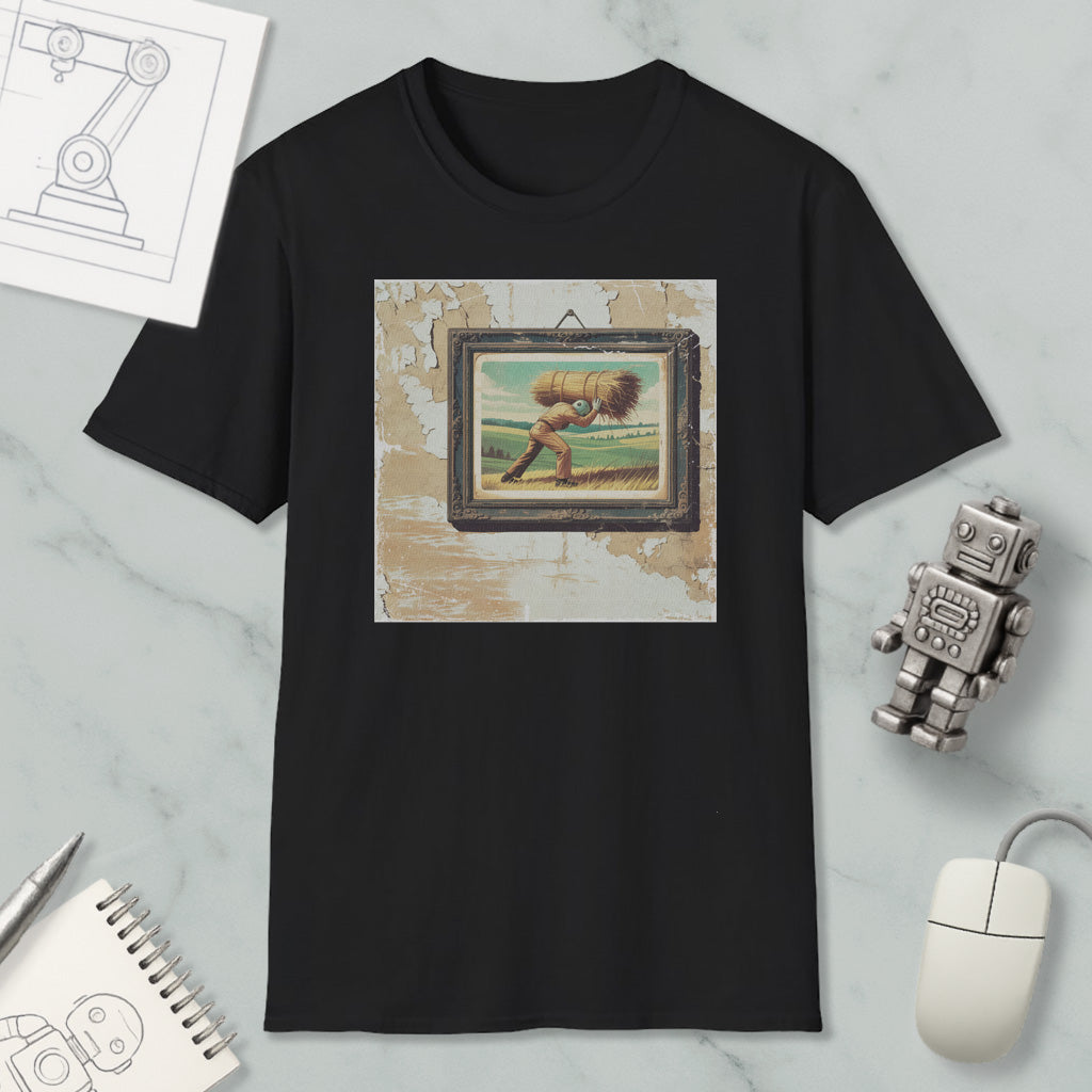 a black t-shirt with a framed painting of a person carrying a large bundle on their back, surrounded by various objects such as a computer mouse, a robot, and a notebook.