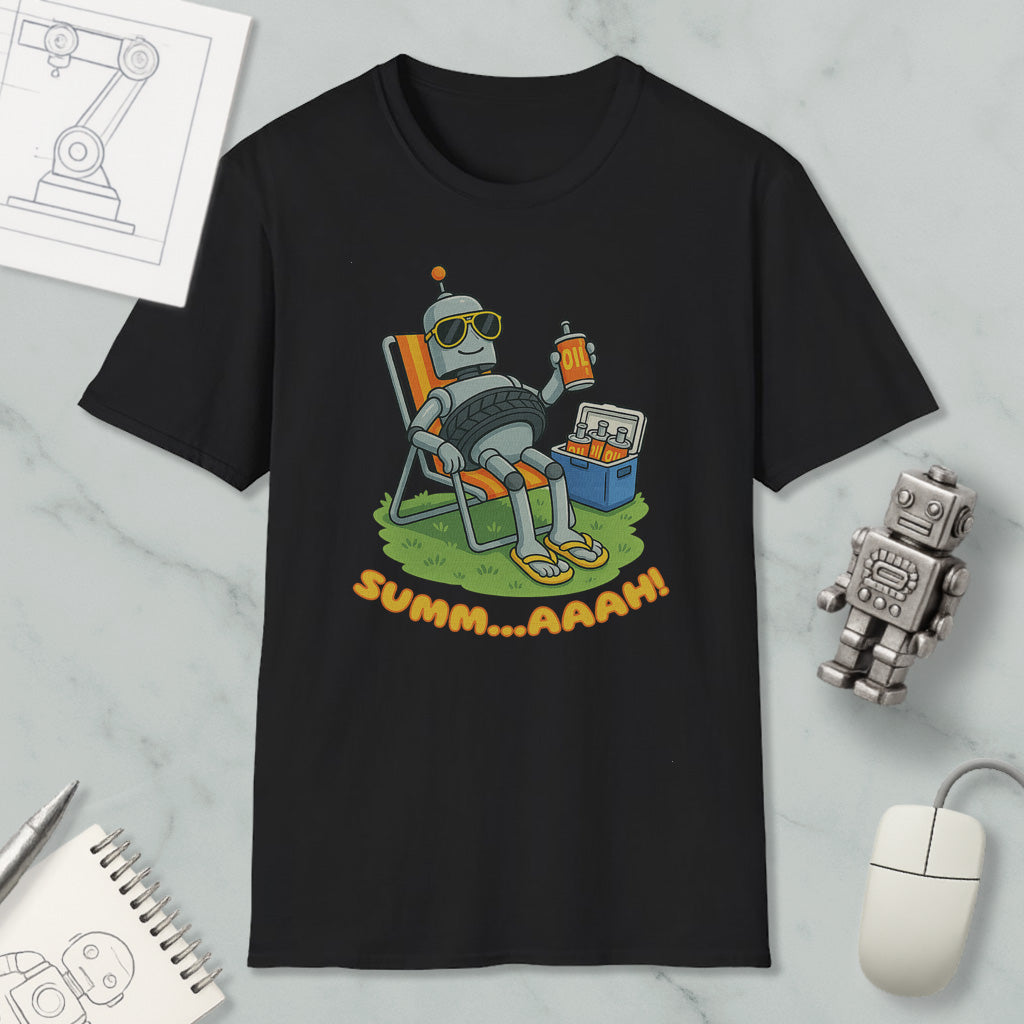 a black t-shirt with a cartoon robot sitting in a chair and holding a drink, accompanied by the text "SUMM...AAAH!"