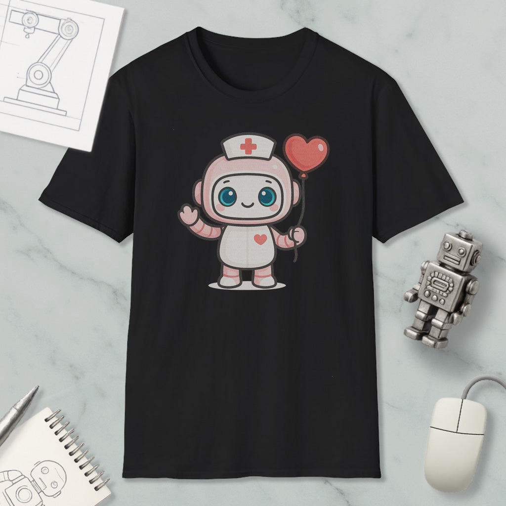 a black t-shirt with a cartoon character wearing a nurse's hat and holding a heart-shaped balloon. The t-shirt is displayed on a marble surface, along with a computer mouse, a notebook, and a small robot figurine.