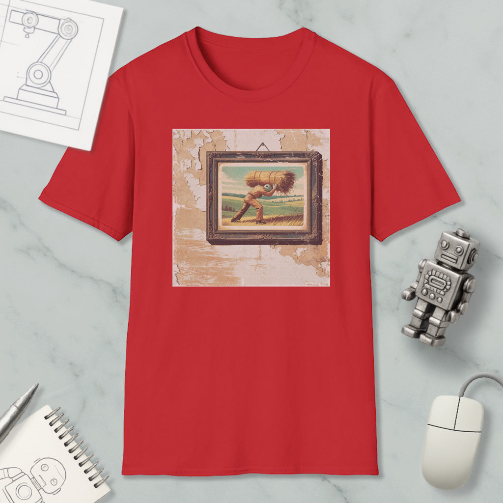a red t-shirt with a framed painting of a man carrying a large bundle on his back, surrounded by various objects such as a computer mouse, a robot, and a notebook.