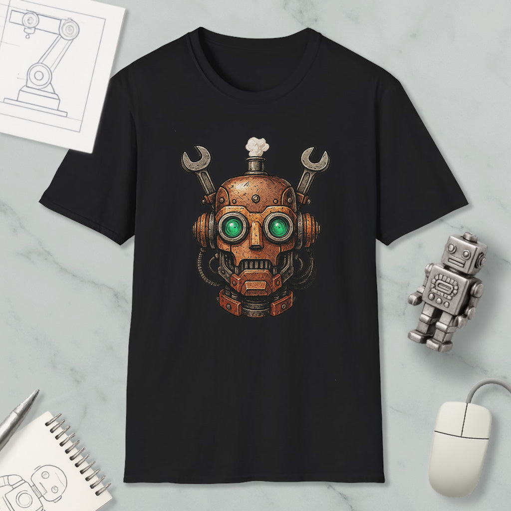 a black t-shirt with a unique design of a robot or machine head, surrounded by various objects such as a computer mouse, a notebook, and a small robot figurine.