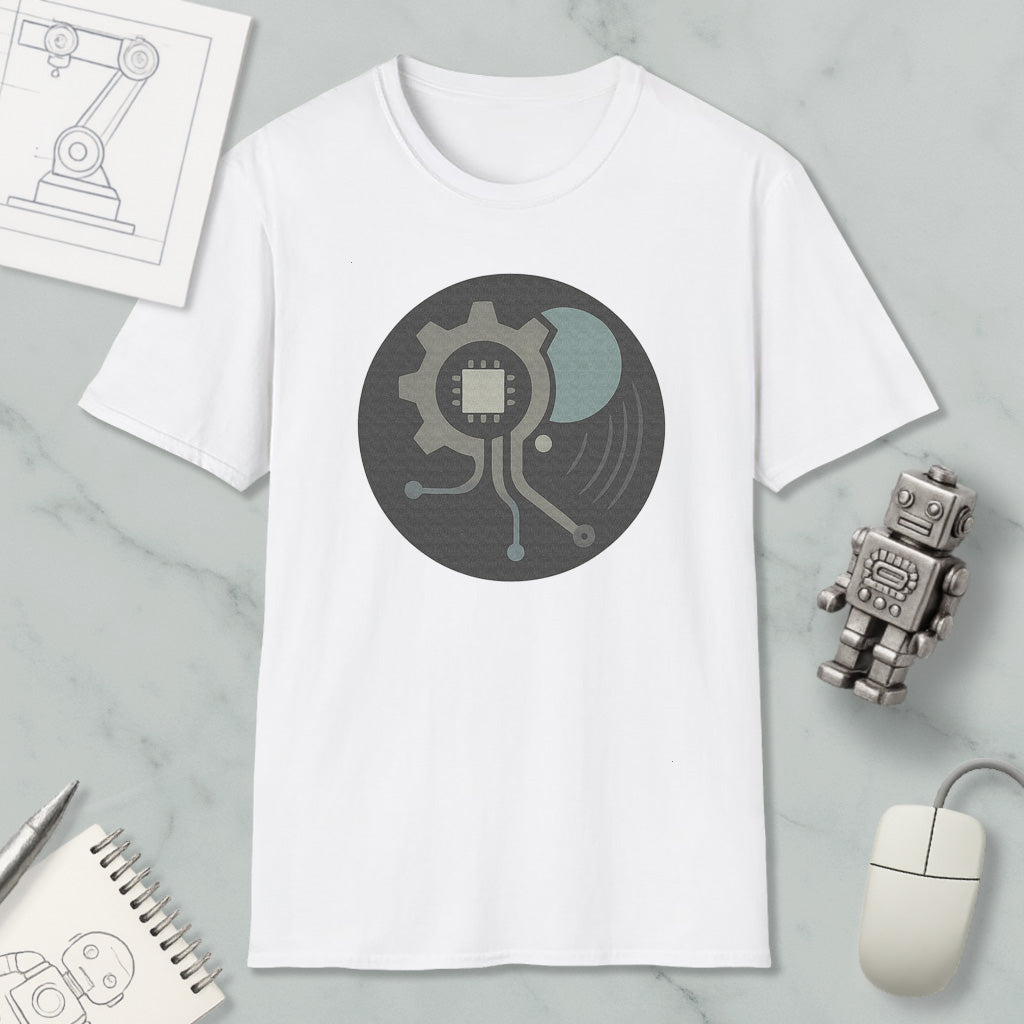 a white t-shirt with a graphic design, a small robot, a computer mouse, and a notebook on a marble surface.