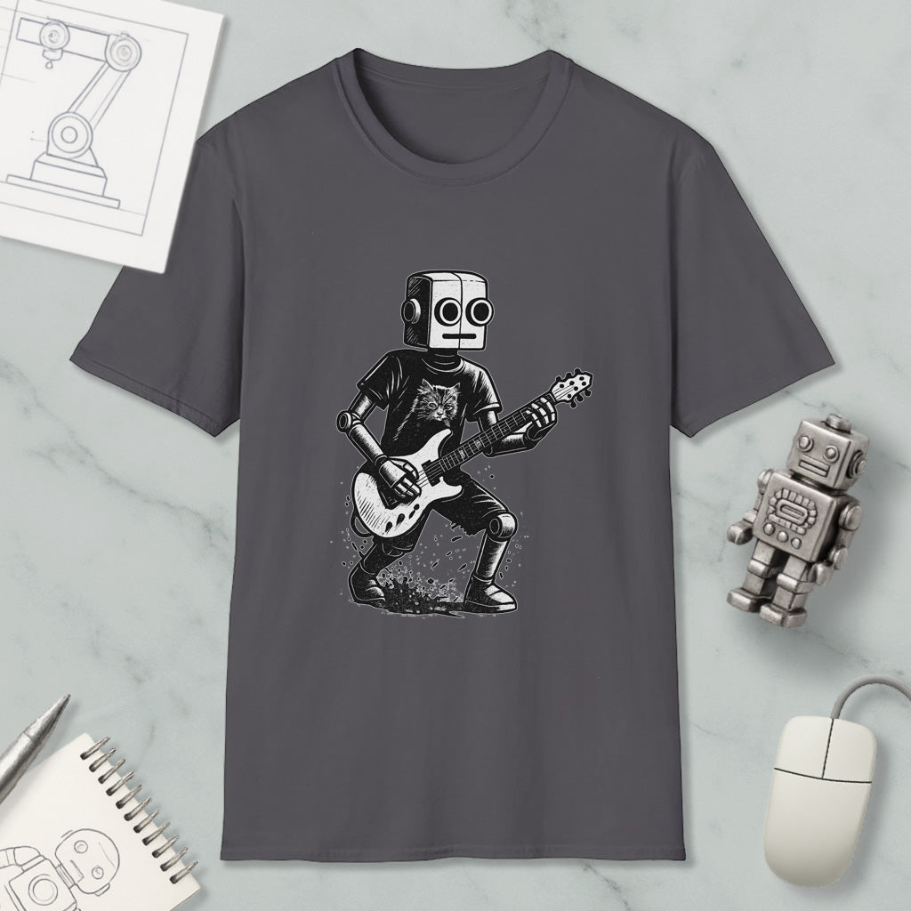 a gray t-shirt with a graphic of a robot playing a guitar, along with a computer mouse and a notebook.