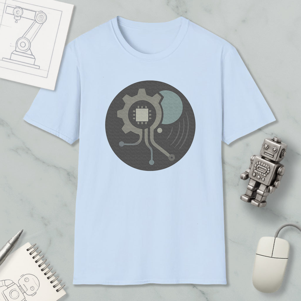 a light blue t-shirt with a graphic design, a small robot, a computer mouse, and a notebook on a marble surface.