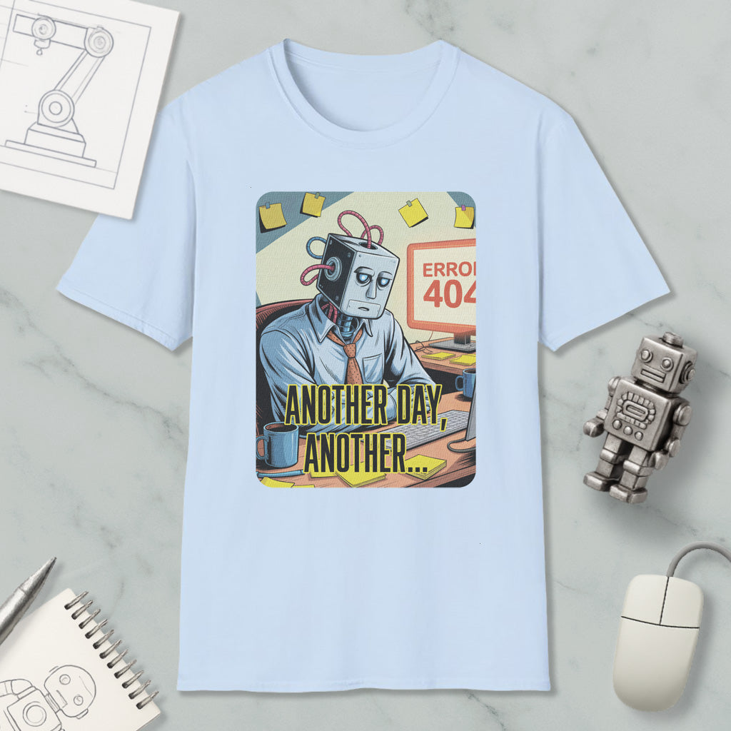 A light blue t-shirt with a graphic design depicting a robot character with a sad expression, surrounded by various objects such as a computer mouse, a pen, and a notebook.