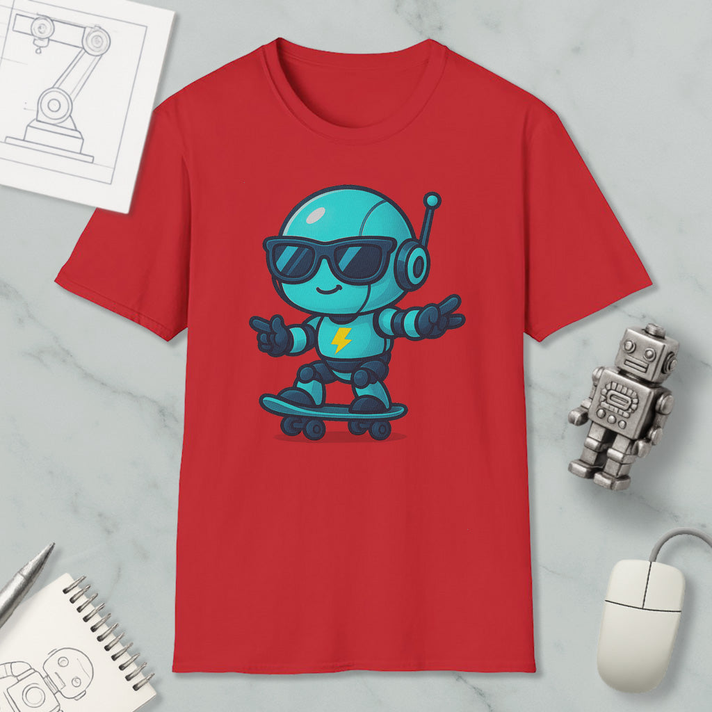 a red t-shirt with a cartoon robot riding a skateboard, accompanied by a computer mouse, a notebook, and a pen.