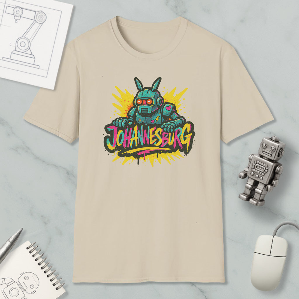 a beige t-shirt with a colorful graphic design, including a robot and the text "Johannesburg". The t-shirt is placed on a marble surface, along with a computer mouse, a pen, and a notebook.