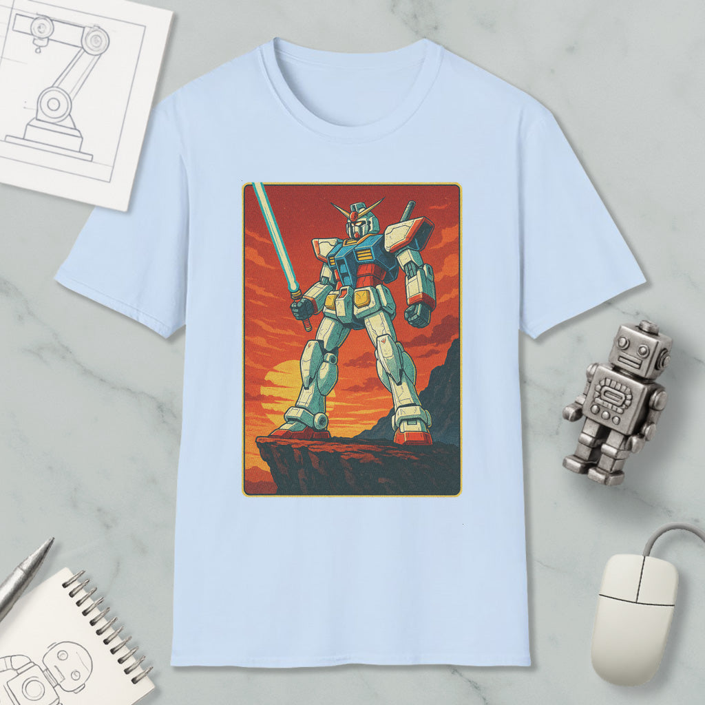 A t-shirt with a graphic of a robot or mechanical figure, along with a computer mouse and other office supplies, suggesting a workspace or computer-related environment.
