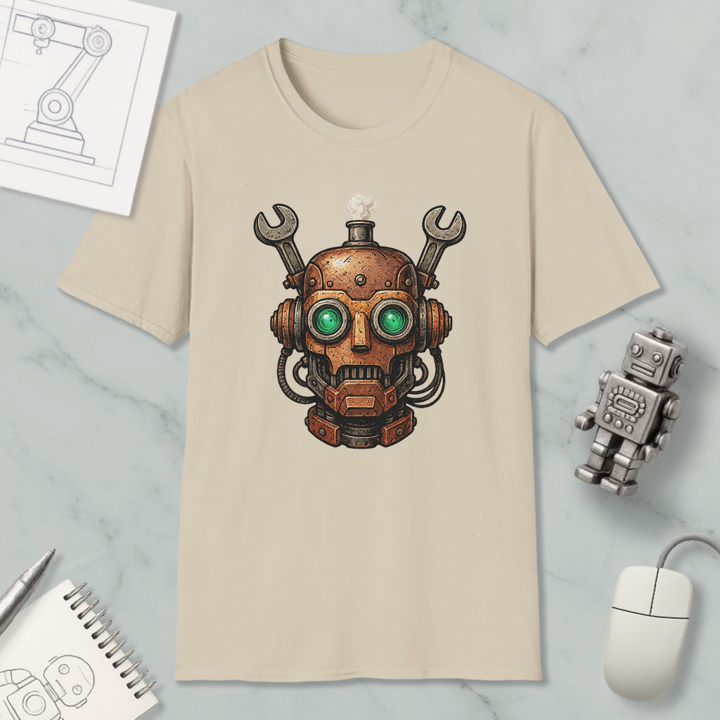 a t-shirt with a robot head design, along with various objects such as a computer mouse, a notebook, and a sketch of a machine.