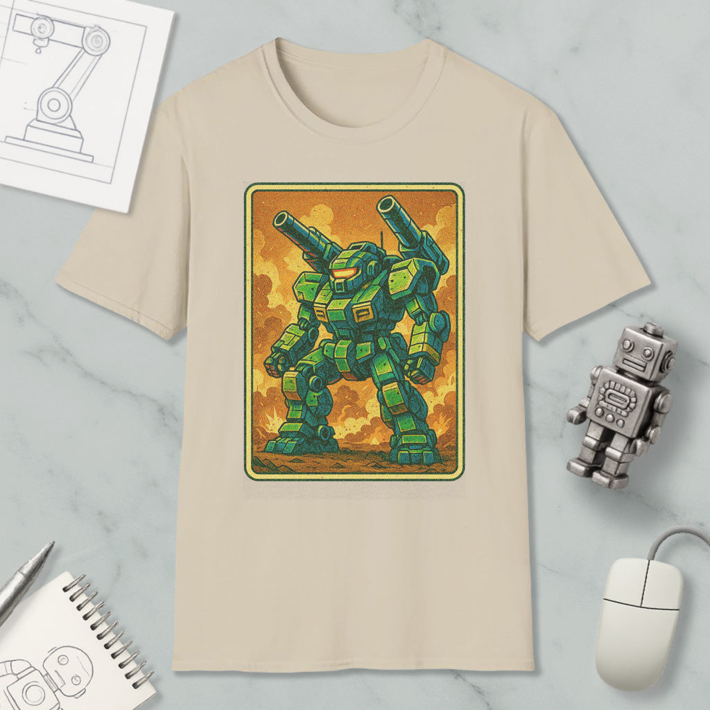 a t-shirt with a graphic of a green robot or mechanical figure, along with various objects such as a computer mouse, a notebook, and a pen.