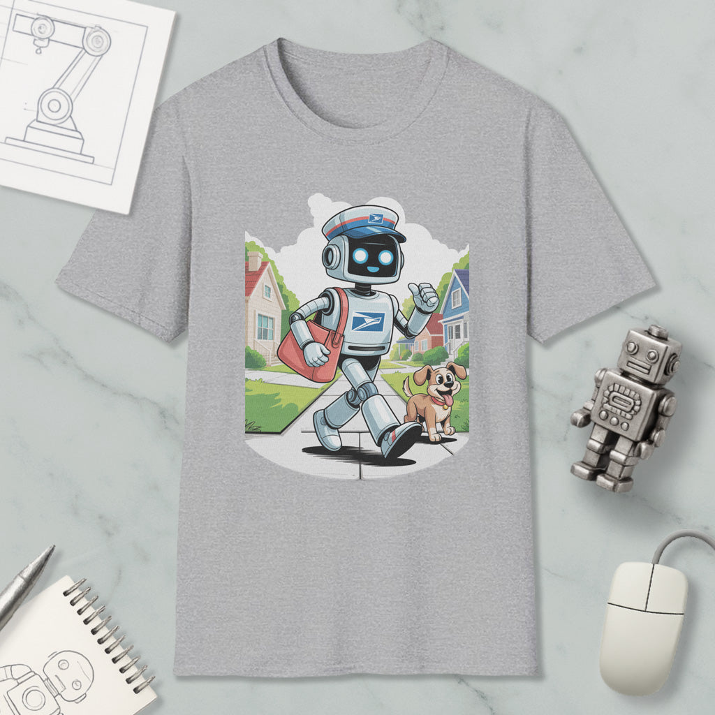 a gray t-shirt with a cartoon robot character, a dog, and a robot toy, along with some other items such as a computer mouse and a notebook.