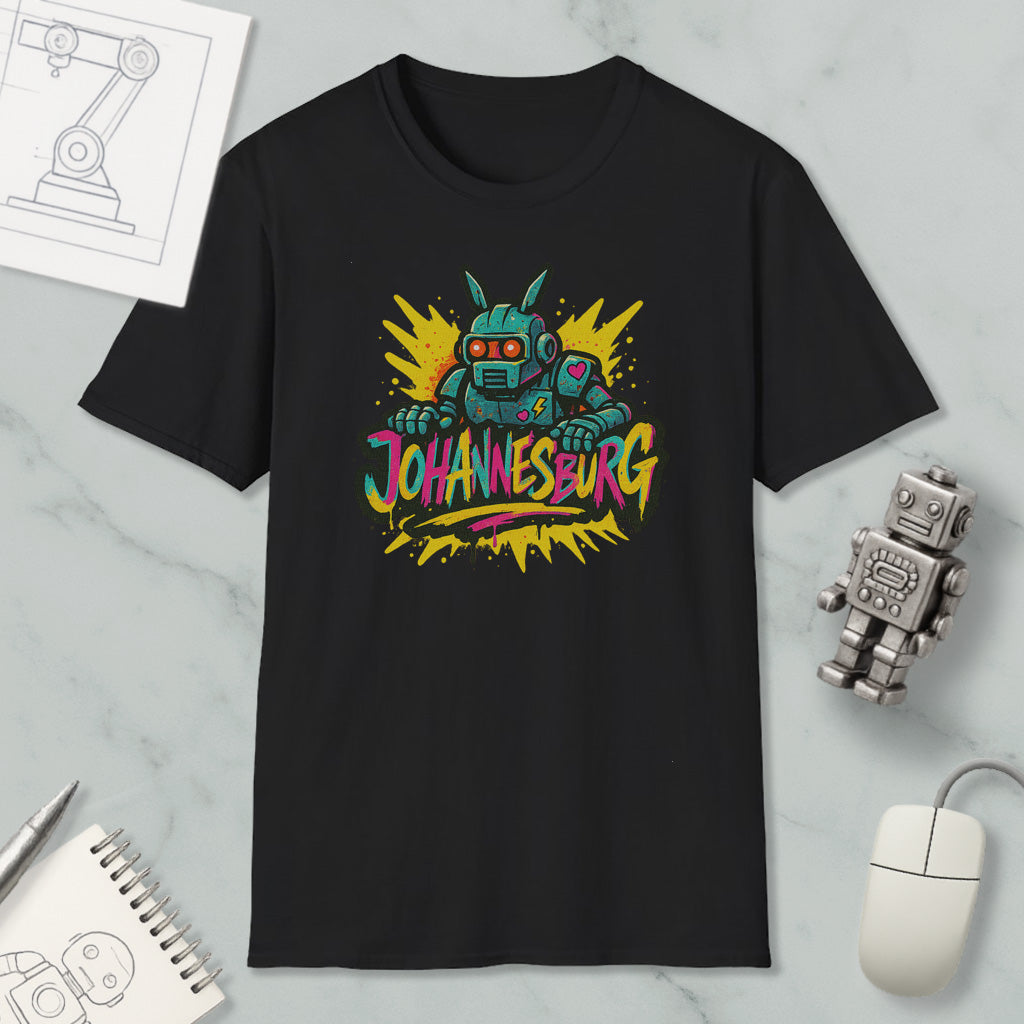 a black t-shirt with a colorful graphic design depicting a robot, surrounded by a burst of yellow and pink colors. The text "JOHANNESBURG" is prominently displayed on the t-shirt.