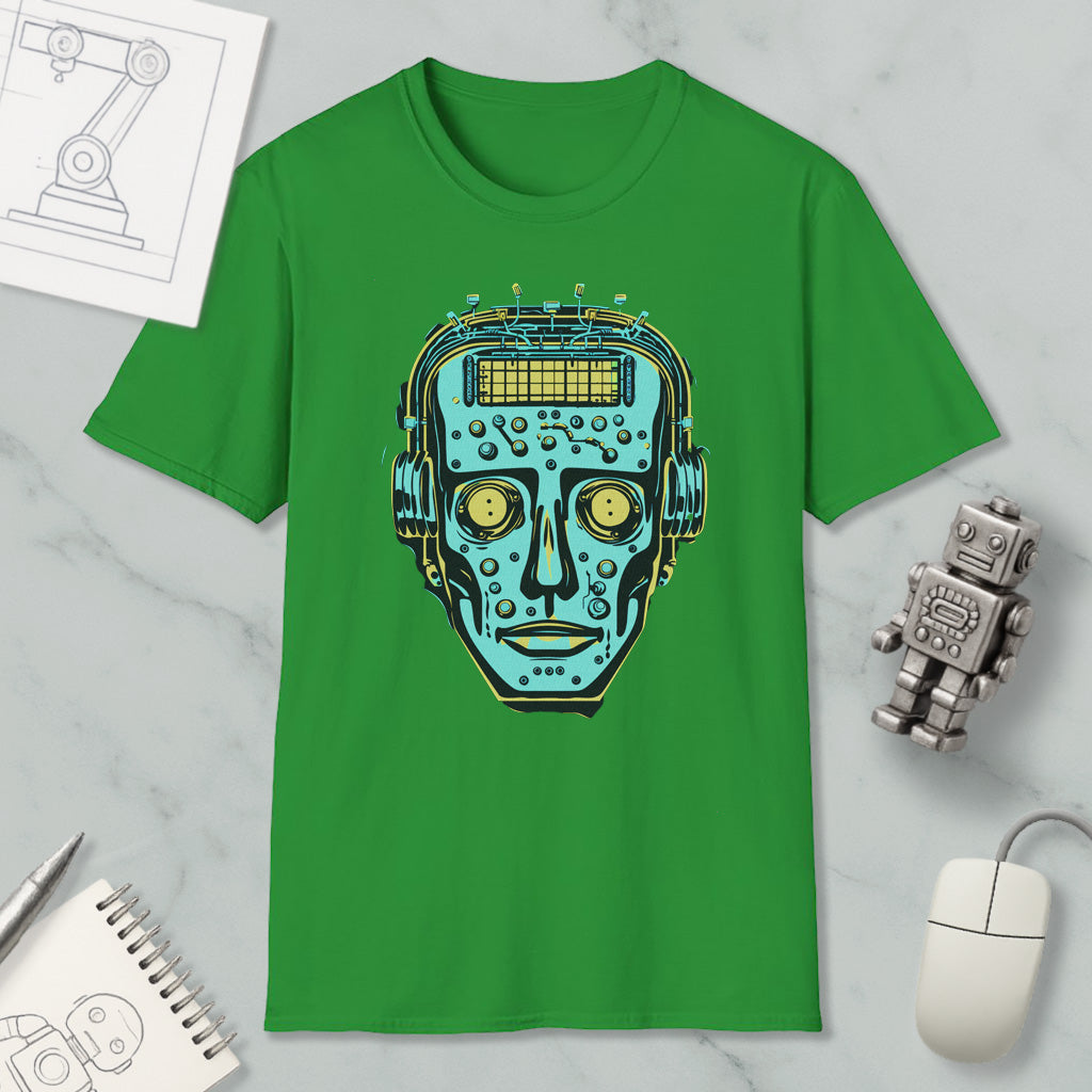 a green t-shirt with a graphic design of a robot or robot-like figure, along with various objects such as a computer mouse, a pen, and a notebook.
