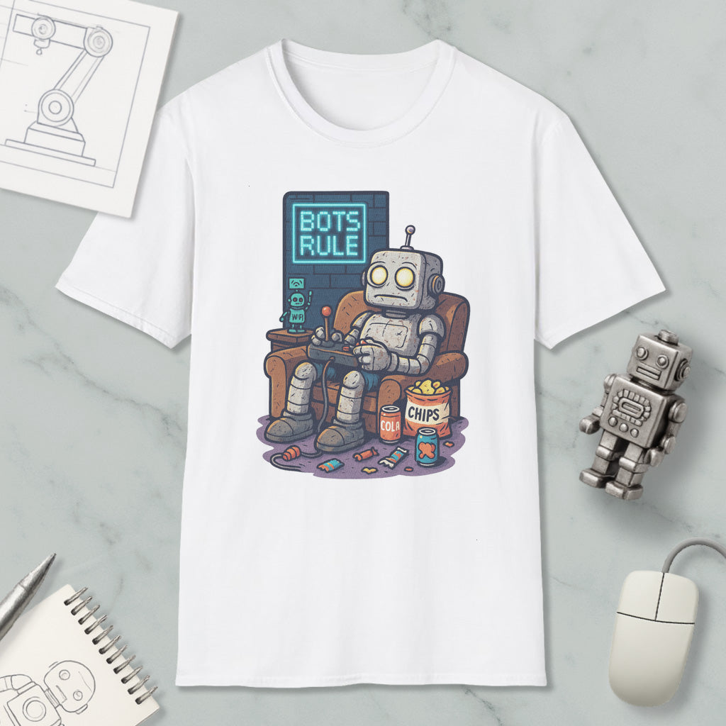 A white t-shirt with a graphic design depicting a robot sitting in a chair and playing a video game, with the text "BOTS RULE" displayed above the robot.