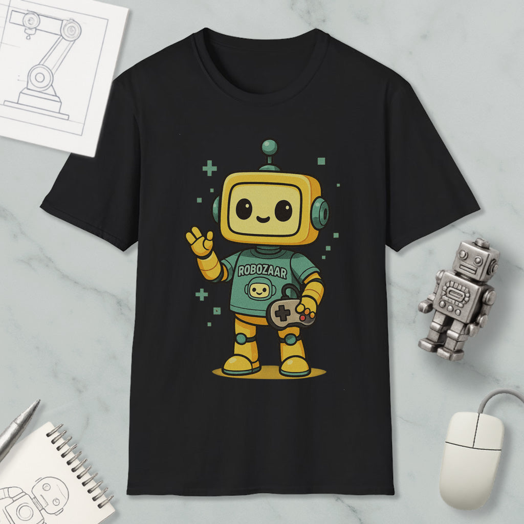 a black t-shirt with a cartoon robot character wearing a green shirt and holding a game controller. The t-shirt is displayed on a marble surface, along with a computer mouse, a notebook, and a small robot figurine.