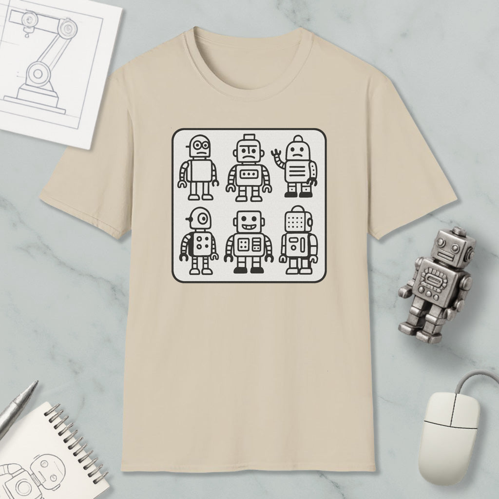 a beige t-shirt with a graphic design of six cartoon-style robots, along with a computer mouse and a notebook on a marble surface.