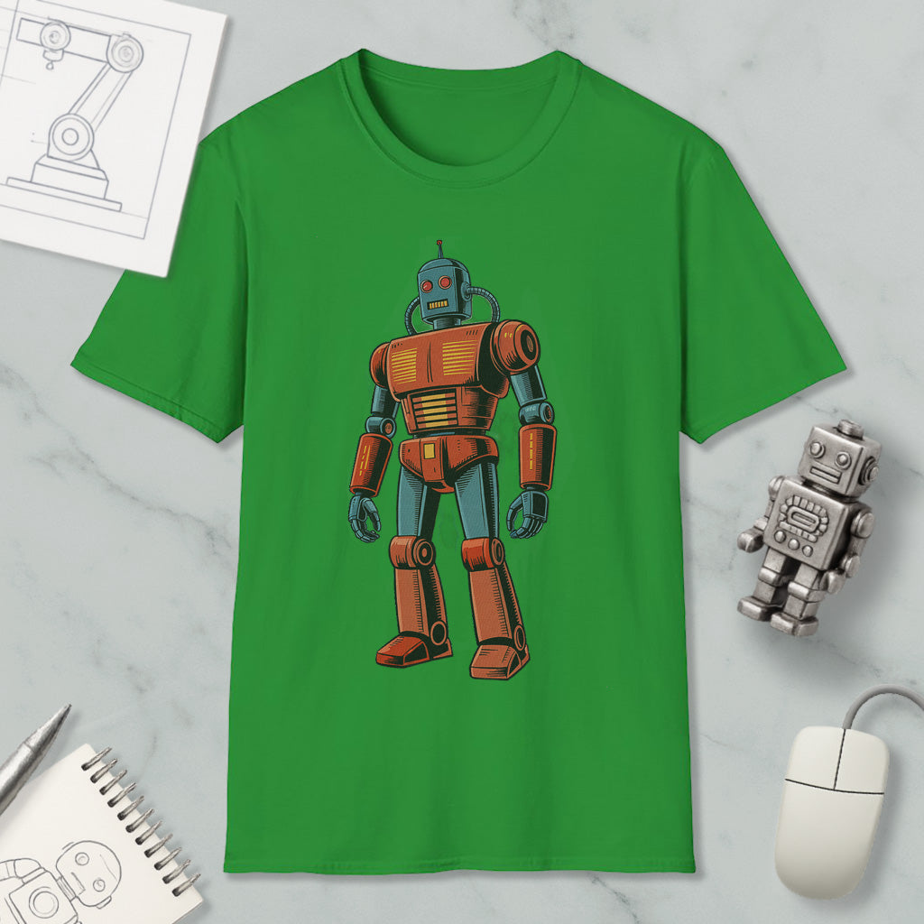 a green t-shirt with a colorful illustration of a robot, along with various objects such as a computer mouse, a notebook, and a pen.