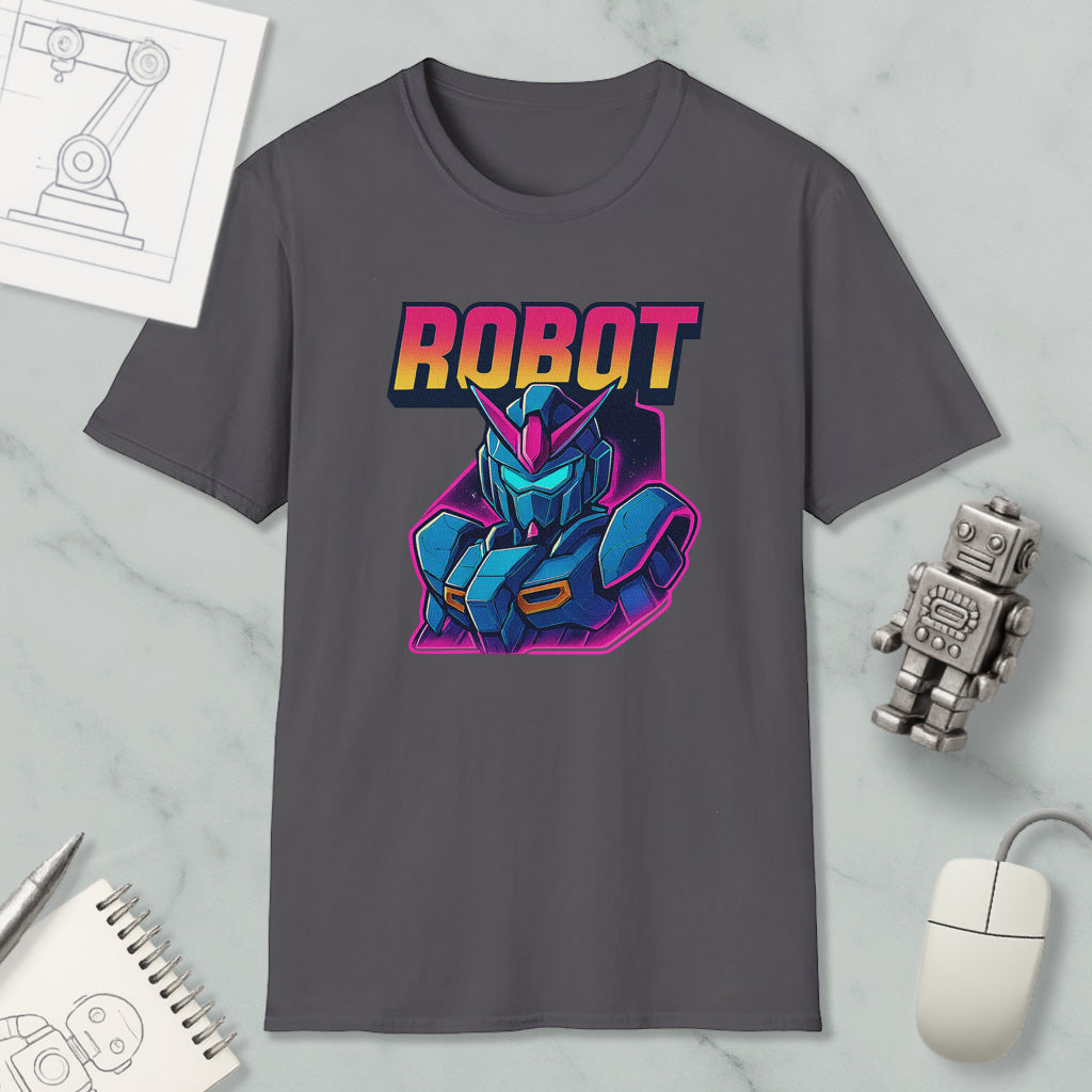 a gray t-shirt with a graphic design of a robot character, along with various objects such as a mouse, a notebook, and a pen.