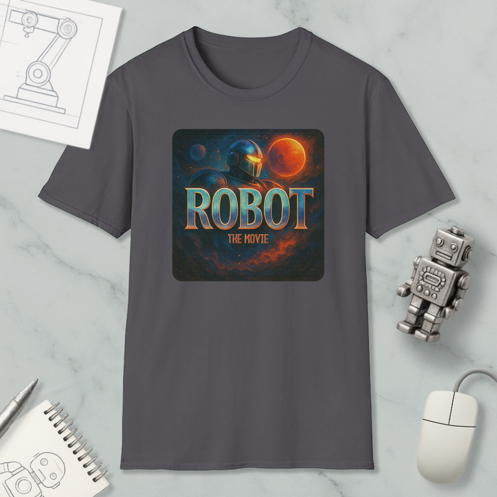 a gray t-shirt with a graphic design depicting a robot and a space scene, along with the text "ROBOT THE MOVIE".