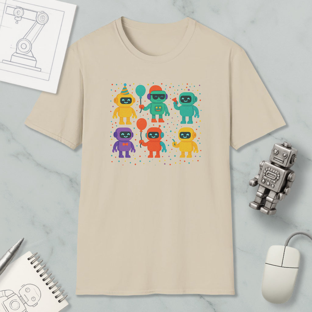 a beige t-shirt with a colorful graphic of six cartoon robots, each holding a party hat and balloon, arranged in a square pattern. The t-shirt is placed on a marble surface, along with a computer mouse, a spiral notebook, and a small robot figurine.