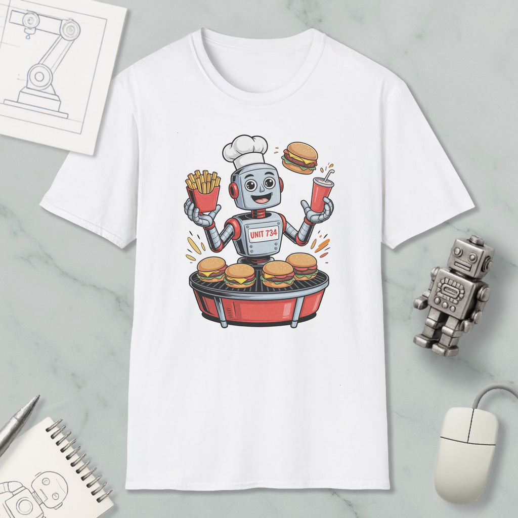 A white t-shirt with a cartoon robot chef preparing and serving burgers and fries, surrounded by various objects such as a computer mouse, a notebook, and a robot figurine.