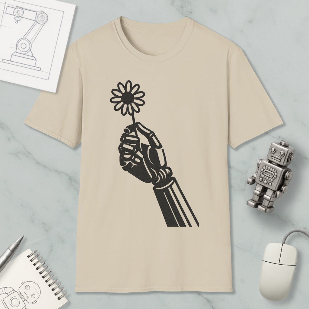 a beige t-shirt with a black graphic design depicting a hand holding a flower, along with a small robot and a computer mouse.
