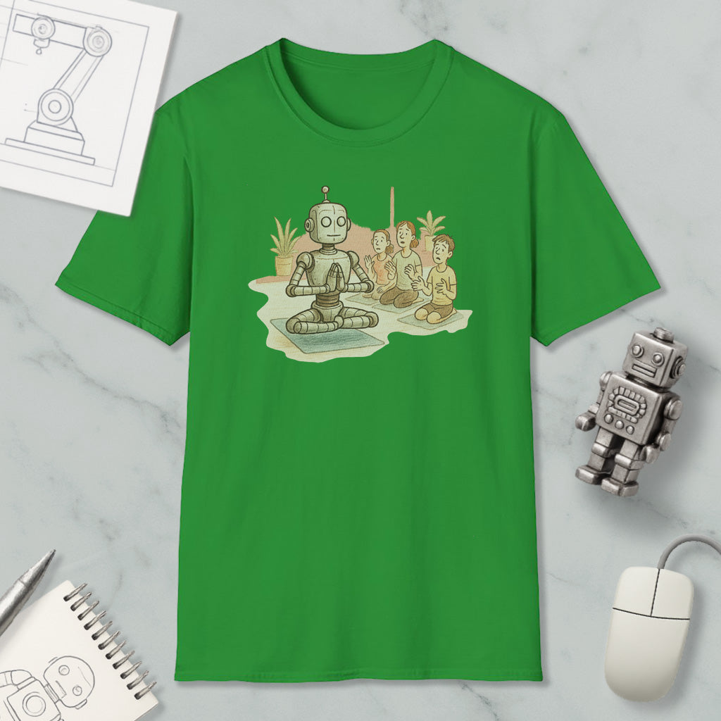 a green t-shirt with a cartoon robot sitting in a meditative pose, surrounded by three smaller robot figures. The t-shirt is displayed on a marble surface, with a computer mouse and a notebook visible in the background.