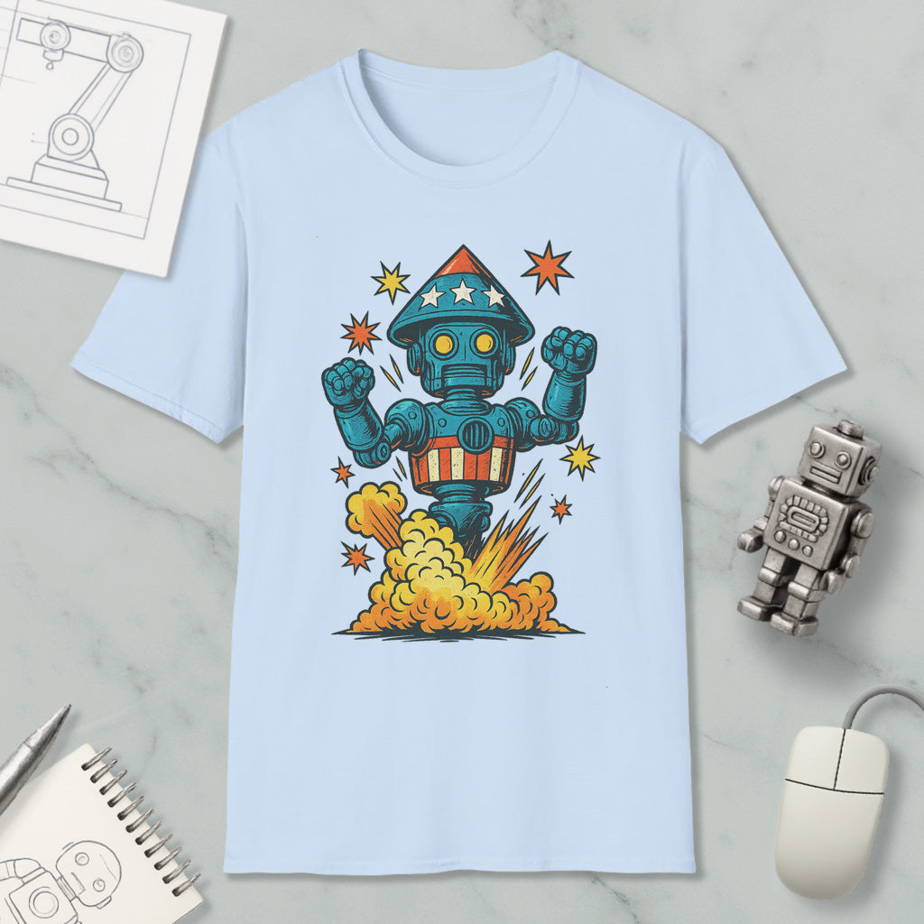 a light blue t-shirt with a colorful graphic of a robot, surrounded by stars and a rocket explosion. The t-shirt is placed on a marble surface, with a computer mouse, a spiral notebook, and a small robot figurine nearby.