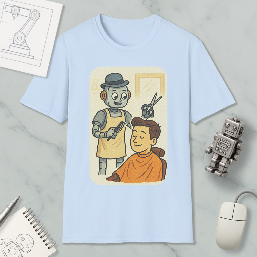 A light blue t-shirt with an illustration of a robot cutting a man's hair, accompanied by a robot and a man in a barber's chair.