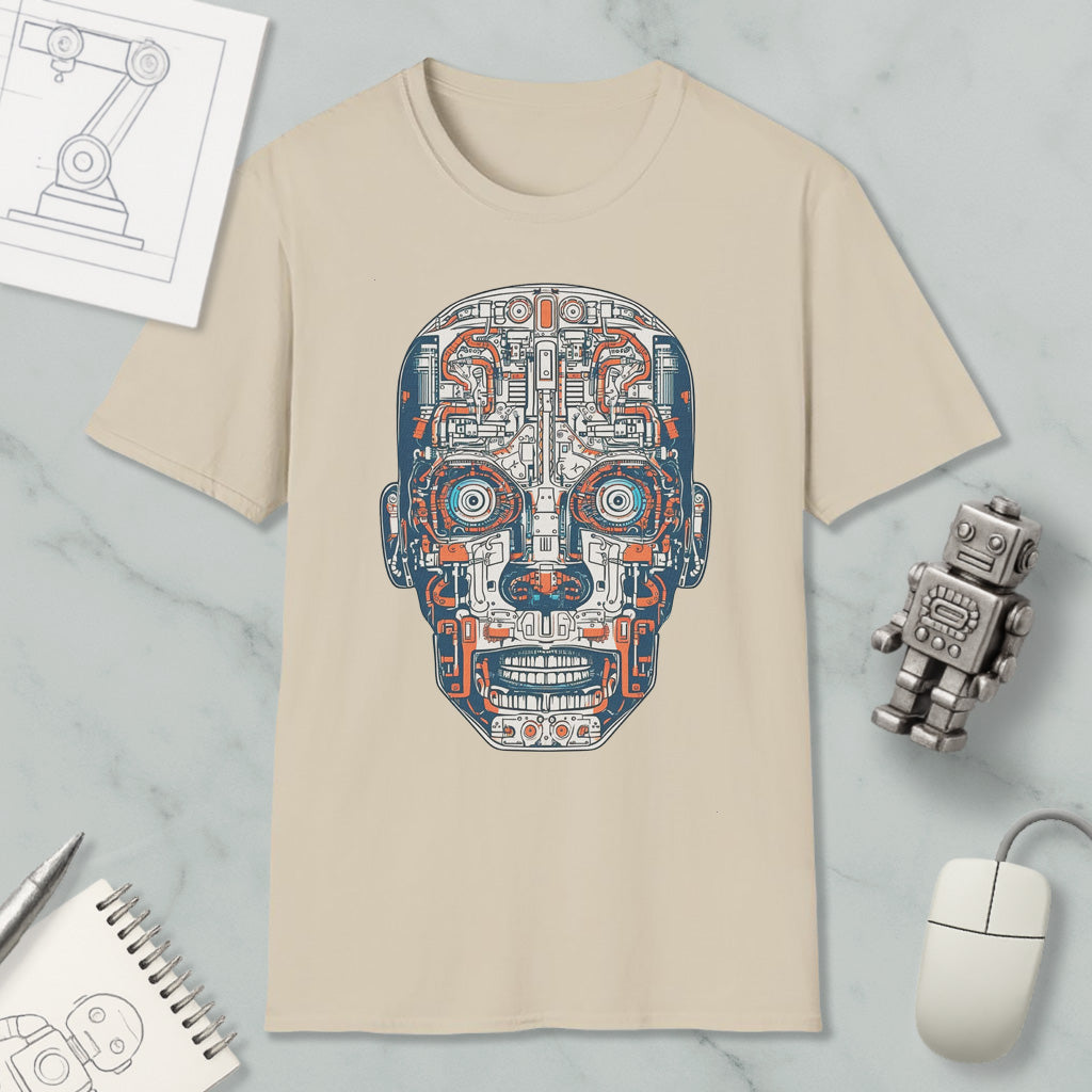 a beige t-shirt with a colorful, intricate robot or machine head design printed on it, along with various objects such as a computer mouse, a pen, and a notebook.