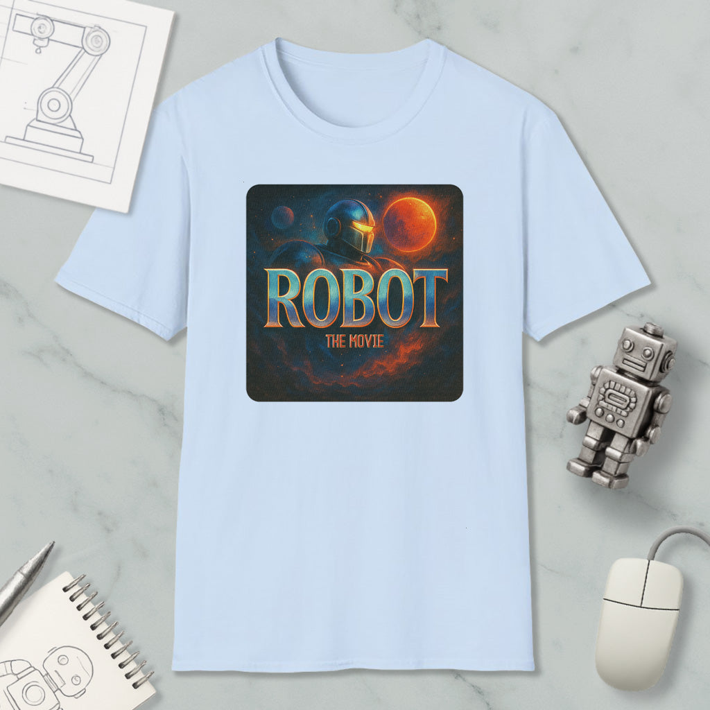 a light blue t-shirt with a graphic design depicting a robot and a space scene, along with the text "ROBOT THE MOVIE".