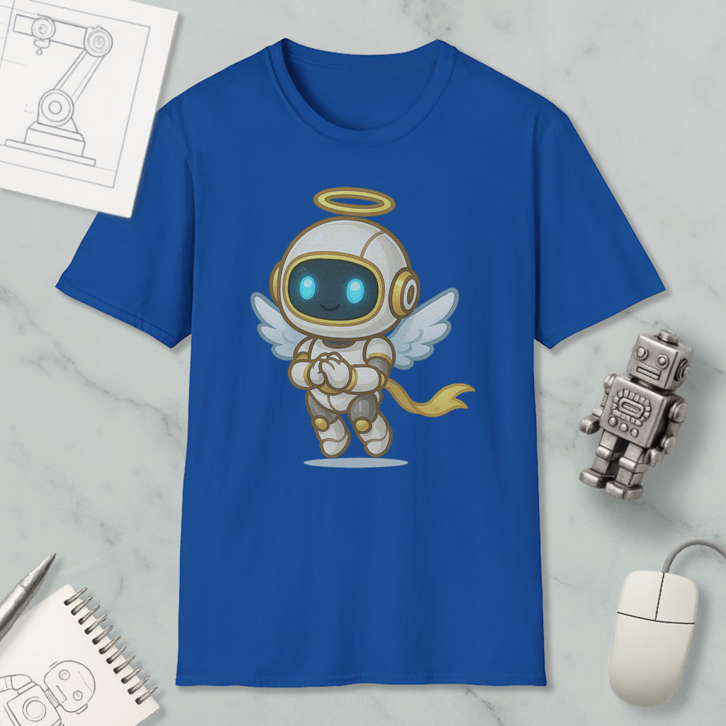 a blue t-shirt with a cartoon character of a winged robot or angel, along with various objects such as a computer mouse, a notebook, and a small robot figurine.