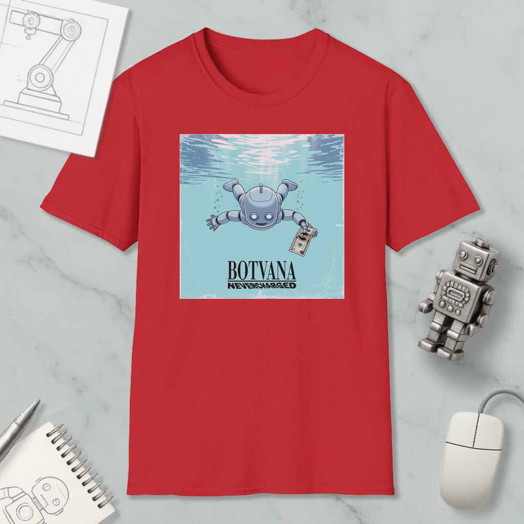 a red t-shirt with a graphic design depicting a robot swimming underwater, accompanied by the text "BOTYANA NARROW-MINDED".
