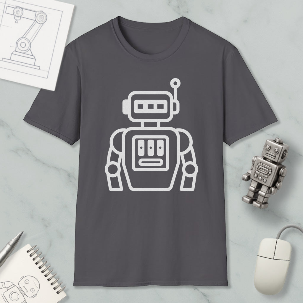 a gray t-shirt with a white robot graphic, along with a computer mouse, a notebook, and a pen on a marble surface.