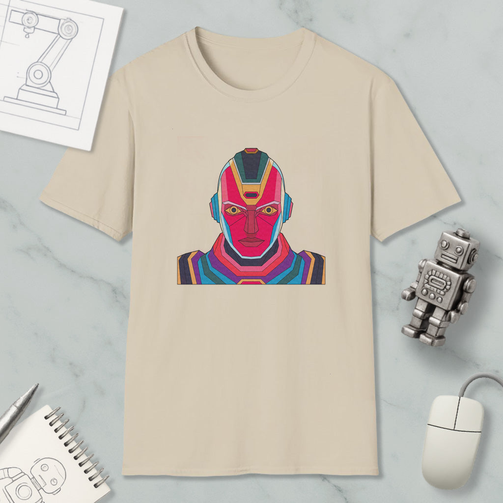 a beige t-shirt with a colorful graphic of a robot or humanoid figure, along with various objects such as a computer mouse, a notebook, and a pen.