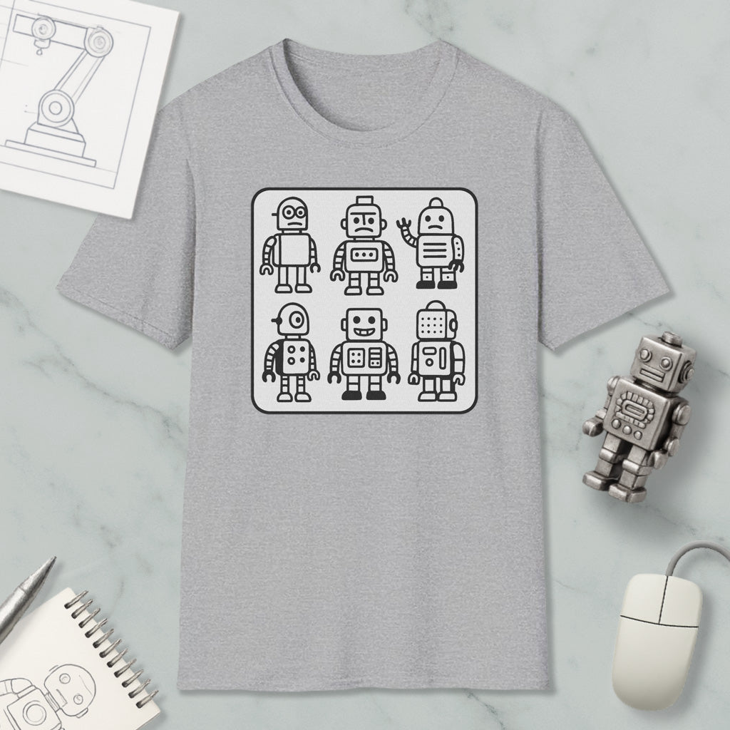 a gray t-shirt with a graphic design of six cartoon-style robots, along with a computer mouse and a notebook on a marble surface.