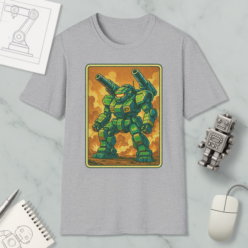a gray t-shirt with a graphic of a green robot or mechanical figure, along with various objects such as a computer mouse, a pen, and a notebook.
