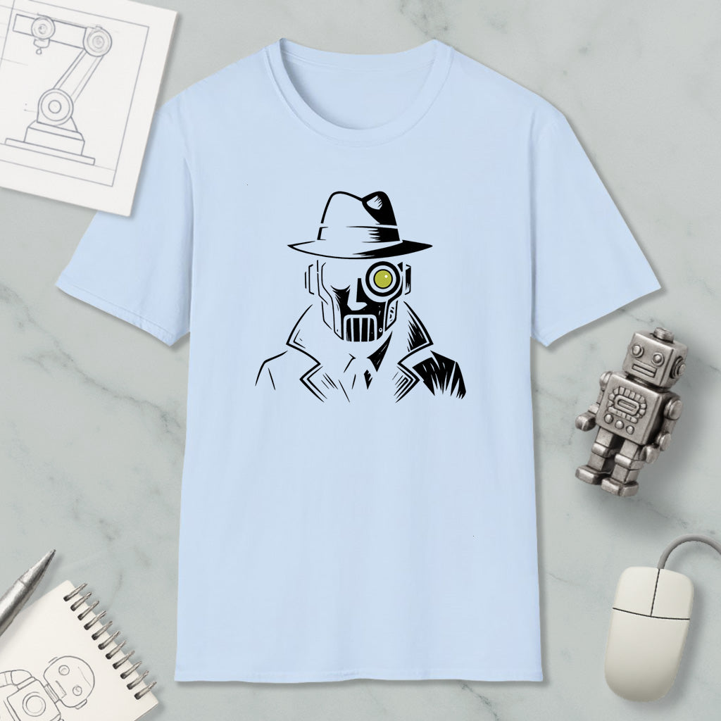 a light blue t-shirt with a graphic design of a man wearing a hat and a mask, along with a computer mouse and other office supplies.